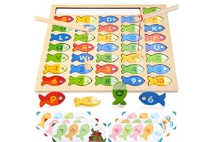 WOODMAM Wooden Magnetic Fishing Game, Montessori Preschool Alphabet Puzzle ABC Learning Educational Toys with Word Cards, Letters and Numbers Fish Catching for 3 4 5 Year Old Toddlers Gifts