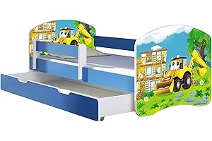 ‎ACMA ACMA Kinderbett Jugendbett mit Einer Schublade und Matratze Blau mit Rausfallschutz Lattenrost II 140x70 160x80 180x80 (20 Bagger, 140x70 + Bettkasten)