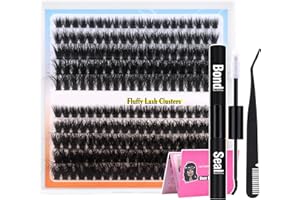 PHKERATA Fluffy Cluster Lashes DIY Lash Extension Kit Individual Eyelashes 10-18MM Lash Clusters with Bond and Seal and Lash Tweezers D Curl 200Pcs Eyelash Extension Kit Eye Lashes (0.07D,10-18MM)