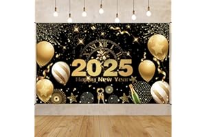 BAEIDO Deco Bannières Nouvel An 2025, 72 x 44 Pouces Toile de Fond de Bonne Année pour Fête de New Year's, Très Grand Tissu Noir et Or Feux d'artifice Fond de Photomaton pour les Fournitures de Fête