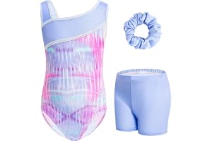 Gogokids Tredelade gymnastiktrikåer för flickor, set med ärmlös trikå, shorts och hårband, glittrande balettdräkter, dansdräkter, gymnastikdräkt med tonad färgdesign, för 3–12 år