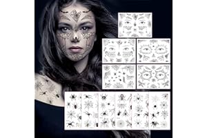 LLNRC Lot de 11 feuilles de tatouages temporaires pour visage et corps, motifs réalistes de toiles d'araignée, pour enfants et adultes, décorations de carnaval et fête d’Halloween