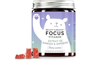 Pour une Concentràion Boostée et une Bonne Forme Mentale - avec Gingko Biloba et Ginseng, Vitamines B6, B12 et Zinc - Approvisionnement Mensuel - Bears With Benefits Beauty et Brains Focus Vitamin