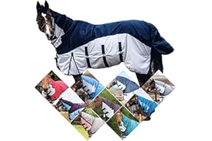 Equitack 2 in 1 Lightweight Horse Fly Rug | Waterproof Topline|Combo Fixed Neck Summer Horse Rug | 600 Denier Ripstop | Teflon Coated Washable Fly Rugs for Horses | Navy/Silver 5'6"