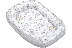 Medi Partners Baby nest Pod Newborn Babynest Bed 100% Cotton 100x60x15cm Waffle Sleepyhead Pillow Accessories Cocoon for Babies (Deer in leaves with grey Waffle)