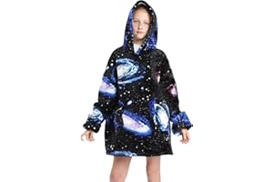 CHOBES Kids Hoodie Blanket Oversized Wearable Blanket Sweatshirt for Boys Girls with Pockets Soft Warm Cozy Blanket Hoodie One Size Fits All Black/Blue Galaxy