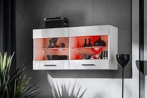 Komodee, Witryna Wisząca Savona, Biała/Biała, Szerokość 100 cm x Wysokość 50 cm x Głębokość 30 cm, LEDy RGB, 2 Szklane Półki, Do Salonu, Kuchni