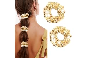Dalababa 2 Pcs Sequin Hair Scrunchies, Metallic Sparkly Disco Ponytail Holders, Shiny Elastic Hair Bobbles Ties Bands Accessories for Women Girls Retro Theme Party - Gold