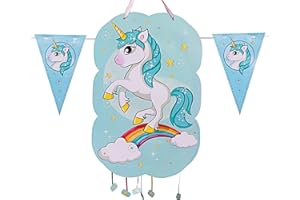 CHEERSET Pignatta compleanno per bambini, perfetto da riempire con caramelle e giocattoli, decorazione Ghirlanda bandiere 2 m (unicorno acquamarina)
