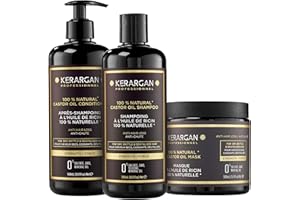 Kerargan - Trío Anti-Caída Champú, Acondicionador & Mascarilla con Aceite de Ricino para Cabellos Secos, Quebradizos o Debilitados - Acelera el Crecimiento Capilar - Sin Sulfatos, Silicona - 3x500 ml