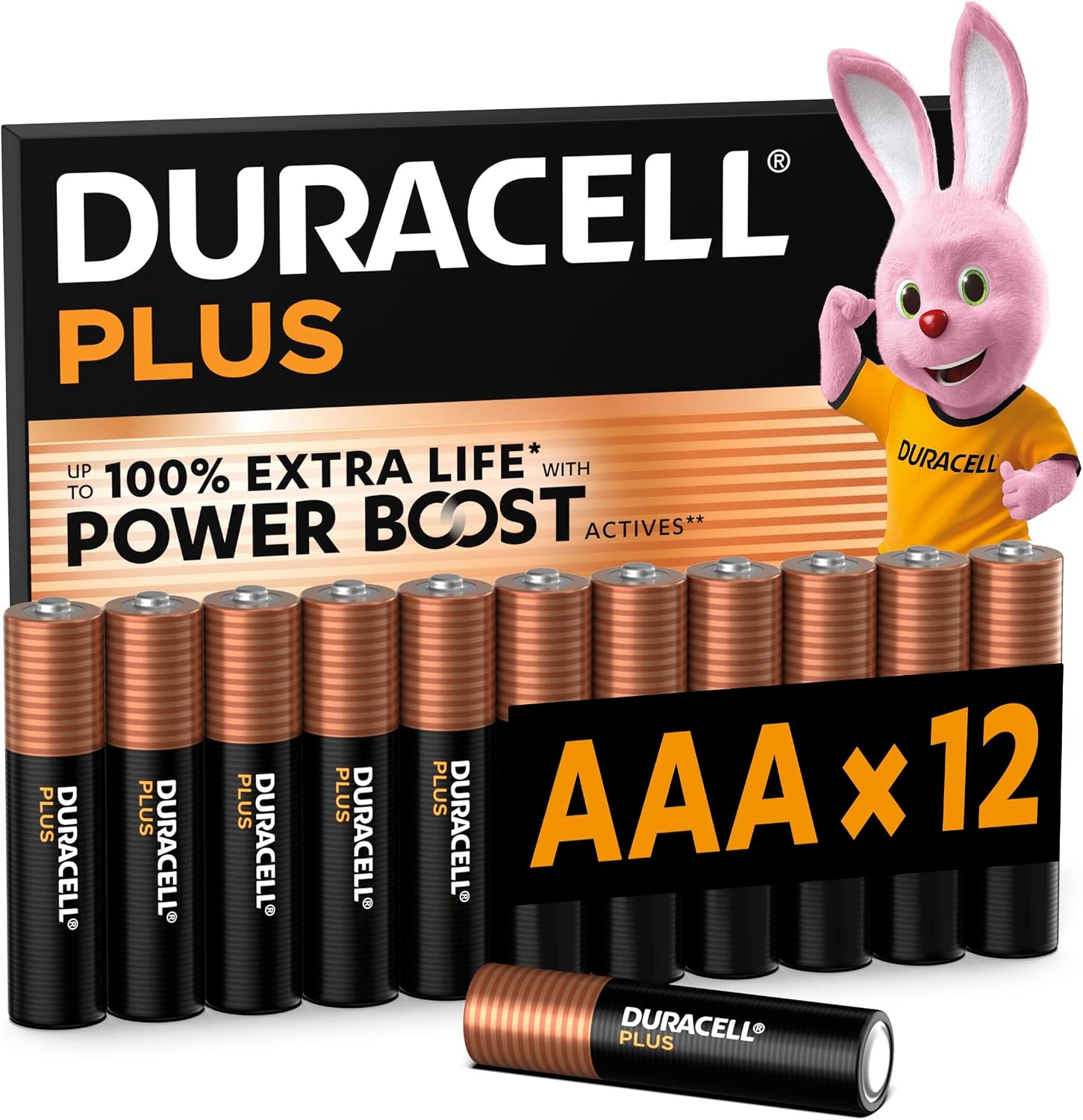 DURACELL Plus AAA Batteries (12 Pack) – Alkaline Batteries 1.5V – Up to 100% Extra Life with POWER BOOST Actives– Reliability For Everyday Devices – 0% Plastic Packaging – 10-Year Storage-MN2400