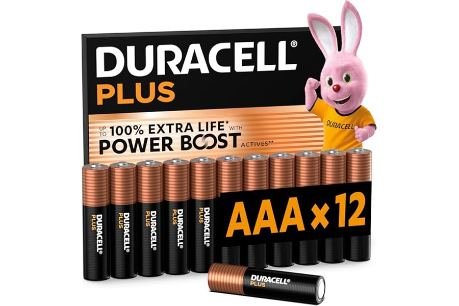 DURACELL Plus Pilas AAA (Paquete de 12) – Pilas alcalinas 1,5 V–Hasta un 100 % de duración extra con activos POWER BOOST–Fiab