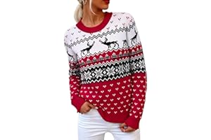 Crewhpo Jersey Navideño Mujer Suéter de Navidad Invierno de Cuello Redondo Manga Larga Ropa de Punto Jerséis con Copos de Nieve de Reno