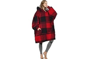 Catalonia Classy Coperta con Cappuccio Oversize, Felpa Sherpa, Coperta Portatile Calda Super Morbida, Felpa con Cappuccio Gigante Tasca Frontale Gigante Maglione Adulto Donna Bufalo a Scacchi Rossa