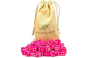 Waldfelsen® Lot de 6, 12, 20, 30 ou 50 dés de qualité supérieure - Taille standard de 16 mm - En acrylique - Avec sac en tissu (rose, 50 pièces)