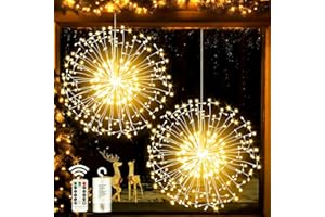 Joycome Światła fajerwerkowe, 2 sztuki, 198 lampek LED na baterie, świąteczne lampy wiszące z pilotem, 8 trybów, wodoodporne łańcuchy świetlne na zewnątrz, patio, dekoracje imprezowe, ciepła biel