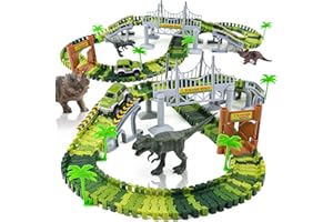 TONZE Dinosaurier Spielzeug Autorennbahn Rennbahn- Kinderspielzeug ab 3 4 5 6 Jahre Junge Mädchen,Dino Welt Flex Tracks mit 2 Dinosaurier Figuren Geschenke für Kinder