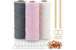 Qetlavee 3stk Makramee Garn,Baumwolle Makramee Baumwollgarn Bunt Farbverlauf für DIY Boho Deko Handwerk Mit 10 Schlüsselanhänger 40 Holzperlen 6 Holzringe 2 Rundstab(2mm x 100m)