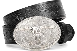XZQTIVE Western Leather Belt for Men Women Cowgirl Cowboy Belt Country Belt Silver Buckle Tooled Leather Belt for Jeans