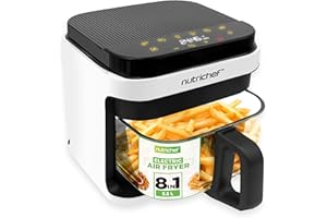 Nutrichef 5.5 Litres Air Fryer, 8 in 1 Preset Cook Modes, Transparent Fry Bowl for Best Cooking Results, Cook Shrimp, Steak, Fries, Wings, Chicken and More, Precise Temperature Control & Time, White