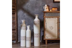 Sziqiqi Grand Vase à Poser au Sol Blanc - Lot de 3 Hauteurs 83/68/55cm en Métal Vintage Décoratif Antique Shabby Chic pour Pampas, Branches, Fleurs Extra Large - Salon, Chambre