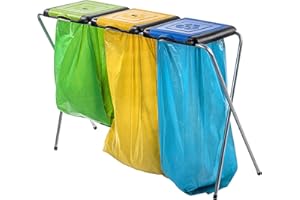 ‎KADAX KADAX Potrójny stojak do segregacji odpadów, stabilny uchwyt na trzy worki z plastikowymi pokrywami, oszczędność miejsca, idealny do domu, garażu i ogrodu