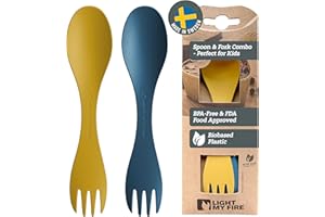 Light My Fire Spork Little 2-in-1 Durable Kids Cutlery Set 3 Year Old 2-Pack Reusable Travel Toddler Cutlery Set, BPA-Free Easy-to-Use Picnic Sporks Plastic Camping Accessories On-The-Go, Yellow/Blue