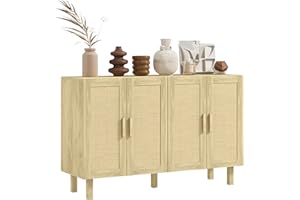 HOMCOM Aparador 4 Puertas de Rejilla de Ratán Aparador para Salón Nórdico con Estantes Ajustables para Comedor Entrada Dormitorio Natural 120x39,5x76 cm