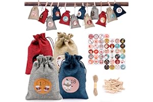 FORETOY Kalendarz adwentowy do napełniania 2025 – 24 woreczki z juty z naklejkami z liczbami, klamerkami i sznurkiem – kalendarz bożonarodzeniowy "zrób to sam" do samodzielnego napełniania dla dzieci, kobiet