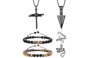 Kakonia Uomo Collana a croce in acciaio inossidabile Collana a punta di freccia Anello di polipo Anello di serpente Perline di roccia lavica Bracciale regolabile Nero Uomo Set di gioielli