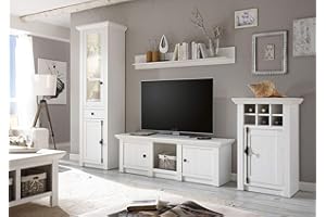 Newfurn Wohnwand Anbauwand Landhaus Wohnzimmerschrank Wohnlandschaft Mediawand Fernsehschrank II 278x207x 17-45 cm (BxHxT) II [Max.Four Compact] in Pinie Weiß/Pinie Weiß Wohnzimmer