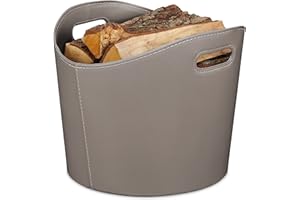 Relaxdays Cesta para Leña Piel Sintética L, Canasto para Troncos con Asas, para Madera de Chimenea, Gris Oscuro