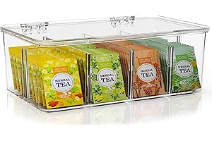 KICHLY Plastic Tea Bag Holder (Pack of 1) Plastic Tea Box Organizer With Lid - 8 Compartments Organizer for Kitchen Countertops, Cabinets, Pantry (Clear)