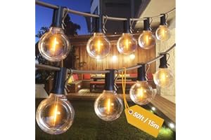 Aourow Guirnalda Luces Exterior Enchufe 15M,G40 Guirnalda LED Exterior con 20+1 E12 LED Bombillas,Blanco Cálido Guirnalda Bombillas Exterior Impermeable para Exterior Balcón Fiesta Boda Navidad