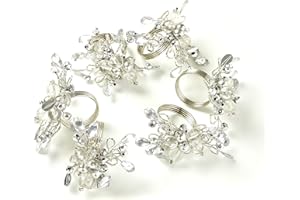 Penguin Home Set of 6 Handcrafted Floral Style Beaded Napkin Rings/Napkin Buckles/Table Decor for Dinner Wedding Party/Thanksgiving, Christmas / 10.5 x 10.5 x 6.5 cm/White & Silver