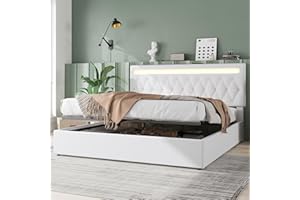 KUAKE Contenitore Matrimoniale Con Presa USB & Tipo C, 180 x 200 cm, Luce d'Atmosfera, Base a Doghe Idraulica