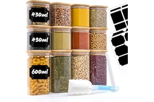 YOCOLE Tarros de Cristal con Tapa 12pcs, 430ml/600ml Tarros de Vidrio Cocina con Tapa de Bambú, Bote Especias Apilables, Cuadrado Almacenaje Frascos de Vidrio para Cereales Frijoles