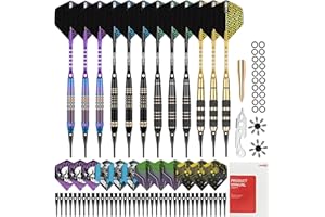 CyeeLife Fléchettes de Dart avec pointe en plastique, 12 pièces Set Premium Softdarts - Barils en laiton avec 4 designs, 24 ailettes, 50 pointes, 20 O-rings et accessoires pour cible électronique
