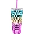 ALINK Studded Tumbler with Lid and Straw, Reusable Cup with Straws Lids, Plastic Water Bottle, Iced Coffee Travel Mug Cup - Rainbow