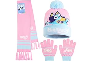 Bluey Winter Hat & Gloves Set for Girls 3-6 Years, 2 or 3 Pcs Warm Cosy Soft Knit Beanie, Gloves & Scarf, Cute Gifts for Kids