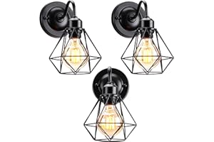 iDEGU Lot de 3 Appliques Murales Intérieures Design Industriel Luminaire Abat-jour de Diamant Cage en Métal Noir 16CM Vintage Lampe Murale pour Salon Chambre Cuisine Couloir Café (3 Pièces, Noir)