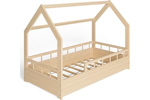 MS FACTORY Cama Infantil de Pino - Cama Montessori Forma de Casa 80x160 cm para Niño y Niña - Lamas Somier - Medias barreras Madera