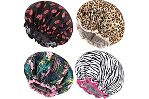Abeillo 4 Packs Double Layer Shower Caps Reusable Bath Cap Waterproof Elastic Shower Hat Edge Covering Ears for Women Shower Spa Salon