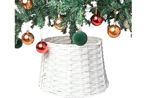 RELSY Weißer Weihnachtsbaumrock aus Korbgeflecht, passend zu weißen Weihnachtsdekorationen/Rattan-Baumrock, große und kleine Weihnachtsbaum-Basisabdeckung (klein, weiß)