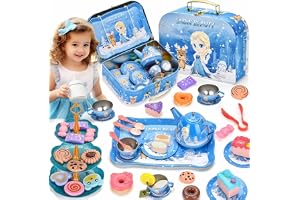 48 Pcs Tea Party Set, Princess Tea Set Frozen Toys for Girls, Kids Tea Set Pretend Play Kitchen Including Dessert, Cookies, Doughnut, Teapot Tray Cake & Carrying Case (Blue)