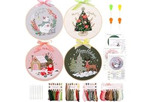 MAMUNU Kit de broderie de Noël, 4 kits de broderie en relief, kit de point de croix avec instructions de motif de Noël, 4 cadres à broder et fils de couleur pour adultes débutants
