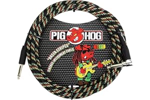 Pig Hog Vintage Serie Instrumentenkabel, Rasta Stripes, 3m/10ft, 6.35 (1/4”) auf 6.35 (1/4”), Hochwertige Qualität, Gewebt, Winkelstecker