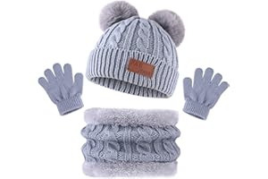 Bekecidi Ensemble Bonnet Echarpe Gant pour Enfants, Hiver Tricoté Tour de Cou Chaud Gants Bonnet avec Doublure Épaisse Hiver Bonnet Snood Gant pour Garçons et Filles 1-5 Ans