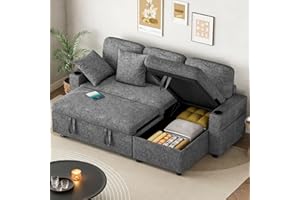 Hello-5ive Corner Sofa Bed, L-Shaped Sleeper Sectional Couch Bed with USB & Type-C Ports, 3 in 1 Chenille Convertible Pull Out Sofa Bed with Storage Chaise and Cup Holder for Living Room, Grey