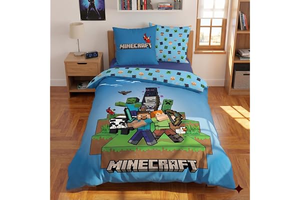 Minecraft Tonåring Enkelsäng Påslakan 135x200 + Örngott 80x80 Blå | Vändbart sängset | Enkelsäng | 100% Microfiber Oeko-Tex | Snabbtorkande